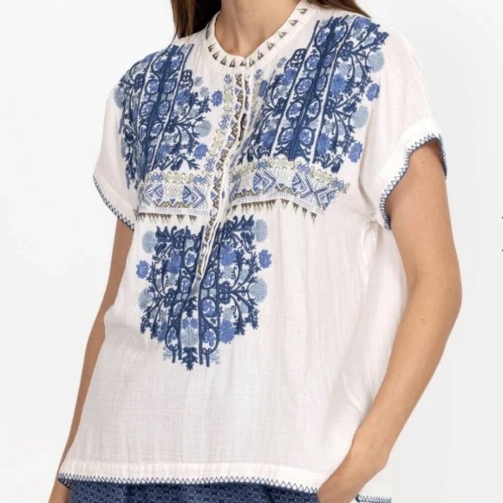 Johnny Was, Biya Antanse Embroidered Short Sleeve Blouse Size S